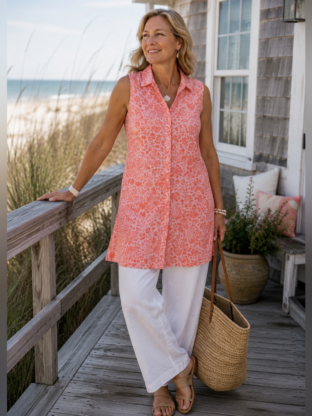 Sigrid Olsen 100% Linen Seashell Coral Tunic Dress XL NWT Coastal Resort Beach